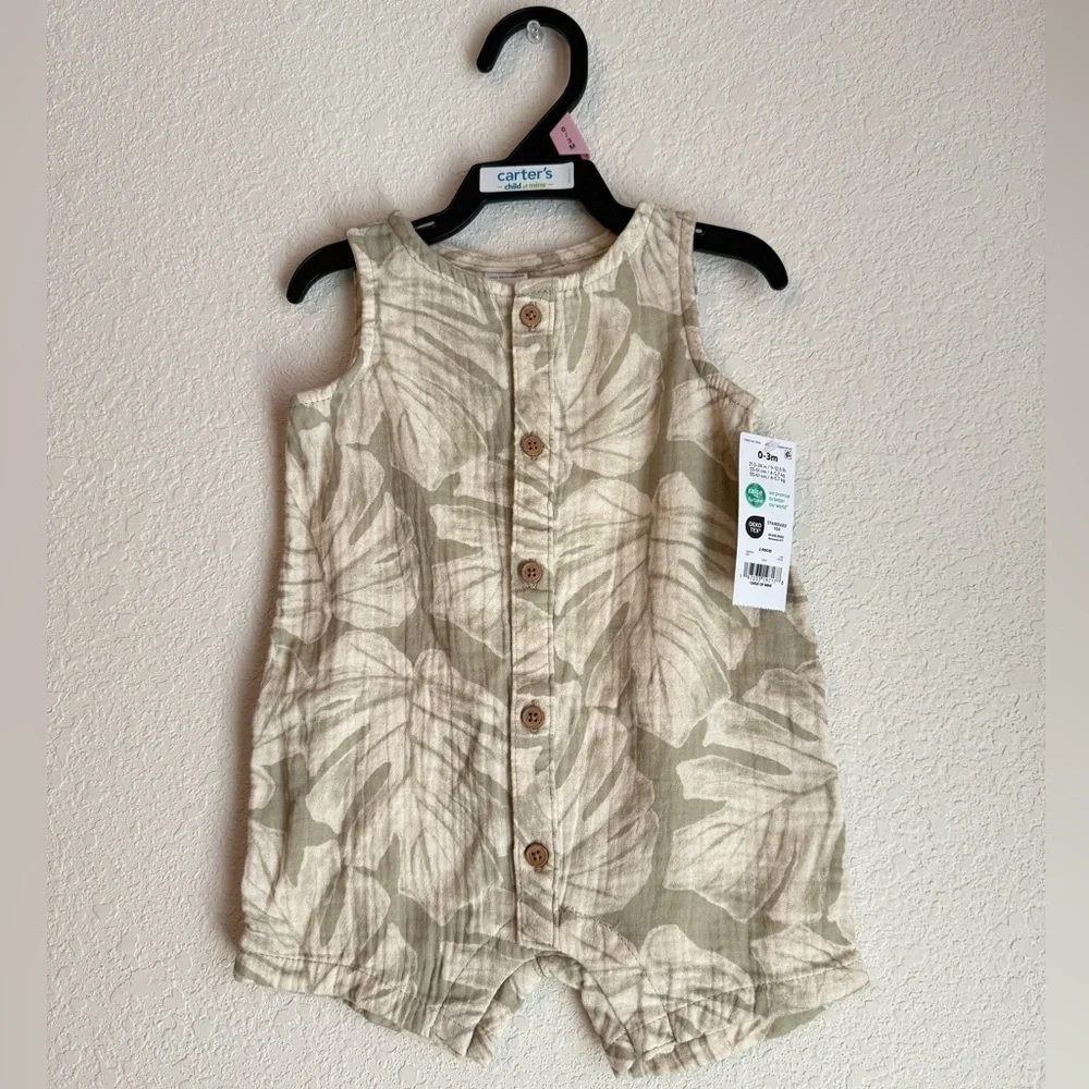 Carter's Baby Cotton Beige Leaf Print Button Romper size 0/3M-NWT